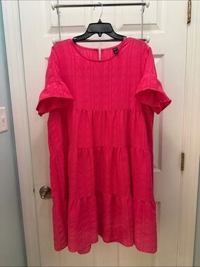 SHEIN Hot Pink Textured Ruffle Sleeve Dress